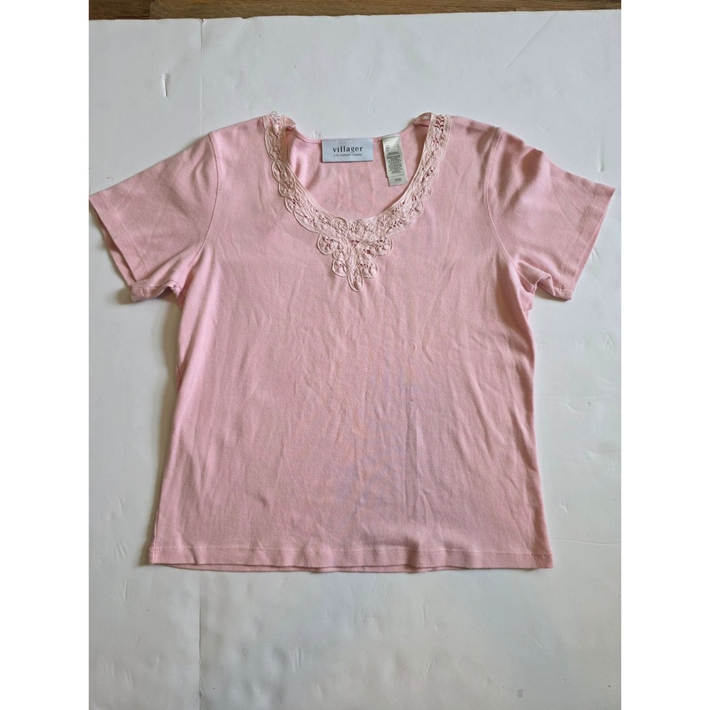 Villager Pink Lace V Neck Cotton T-Shirt Pastel Floral Coquette Top Large